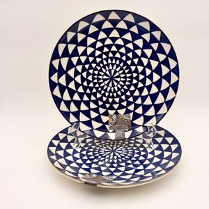 Set of 2 Thyme & Table Medallion Blue Dinner Plates Geometric Pattern Stoneware